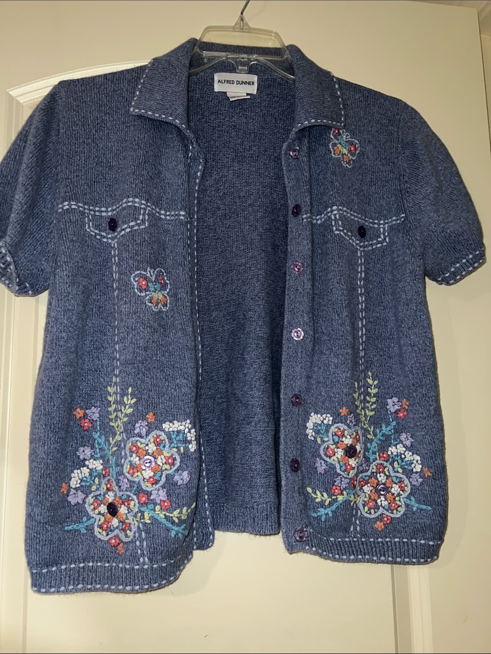 Alfred Dunner Blue Short-Sleeve Embroidered Cardigan
